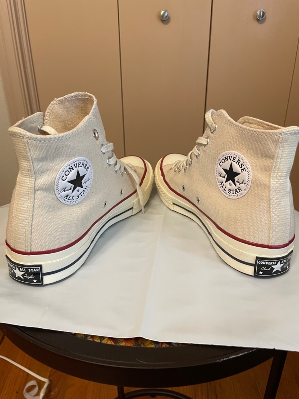 Converse High Top Sneakers - Off-White with Red & Black Trim - Picture 3 of 13